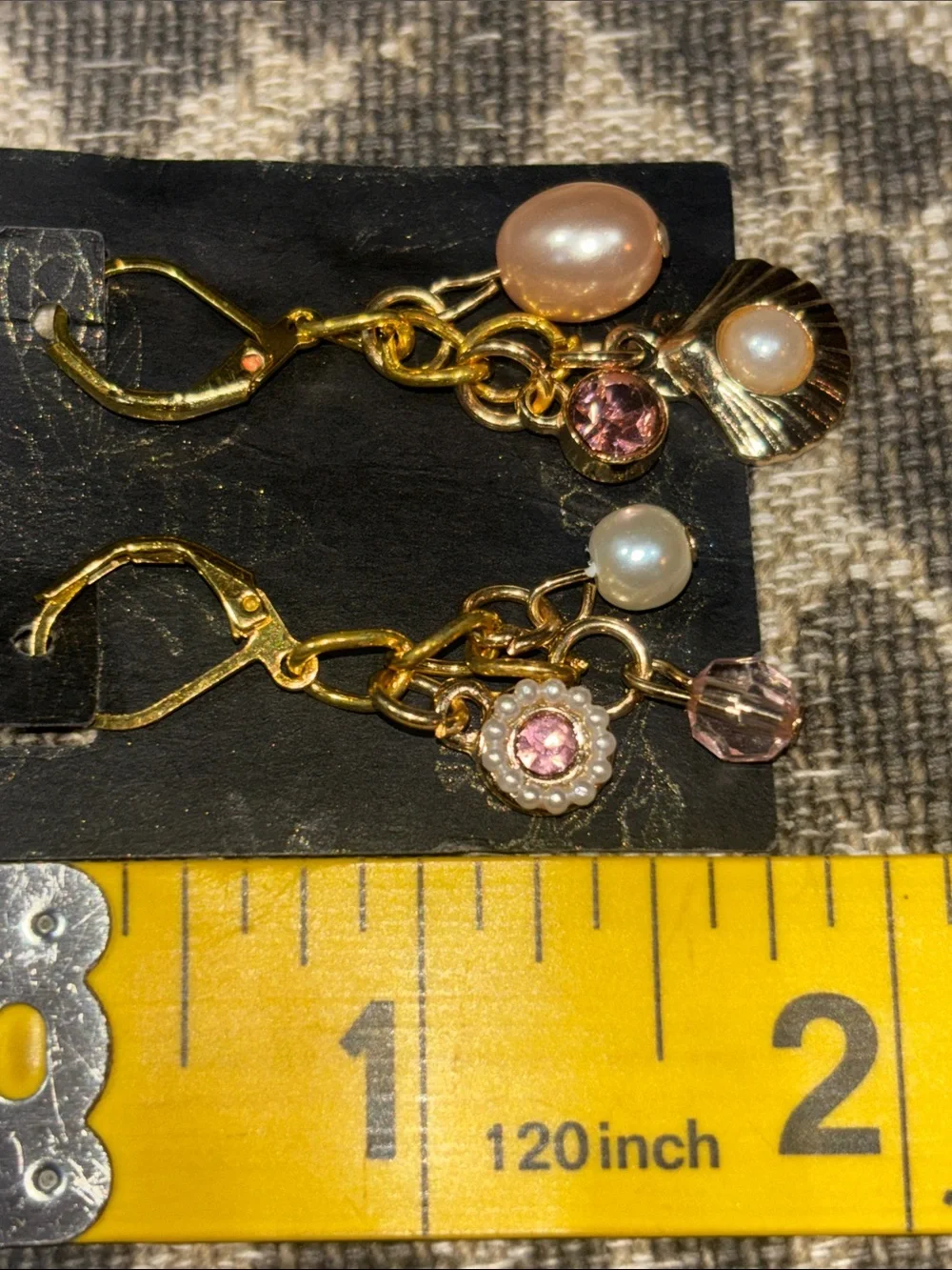 KB coastal dangle earring beachy resort gold tone pink gemstone pearl accent